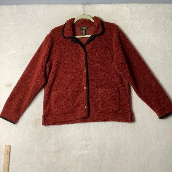 L.L.Bean Regular Fit Sherpa Fleece Jacket Women Size Medium Red Black Trim - Picture 7 of 7